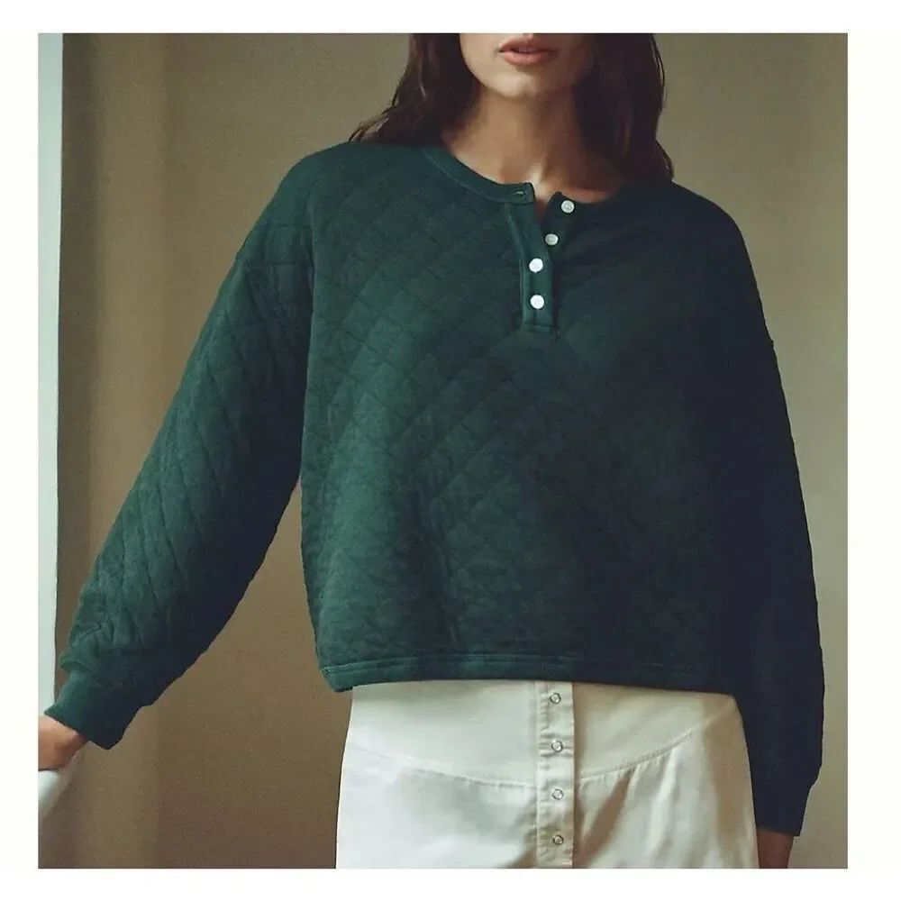 THE GREAT. Quilted Henley Pajama Sweatshirt in Pine sz 2 (US Medium)